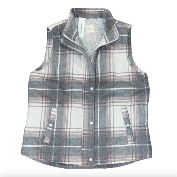NWT Francesca's Harper Heritage Grey, Pink & Ivory Buffalo Plaid/Sherpa Vest - Picture 1 of 8